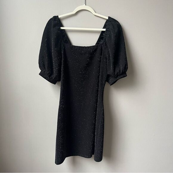 Ophelia Roe Dresses & Skirts - Ophelia Roe Black Glitter Dress Puff Sleeves Square Neck Sheath‎ Women's Size L